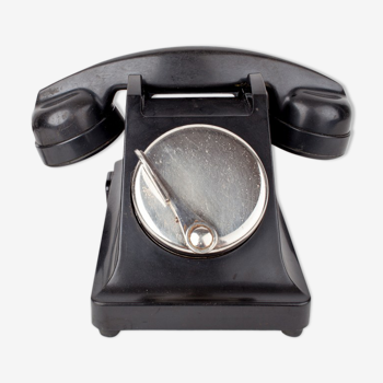 Old black bakelite france ptt phone with dial clamshell 1960