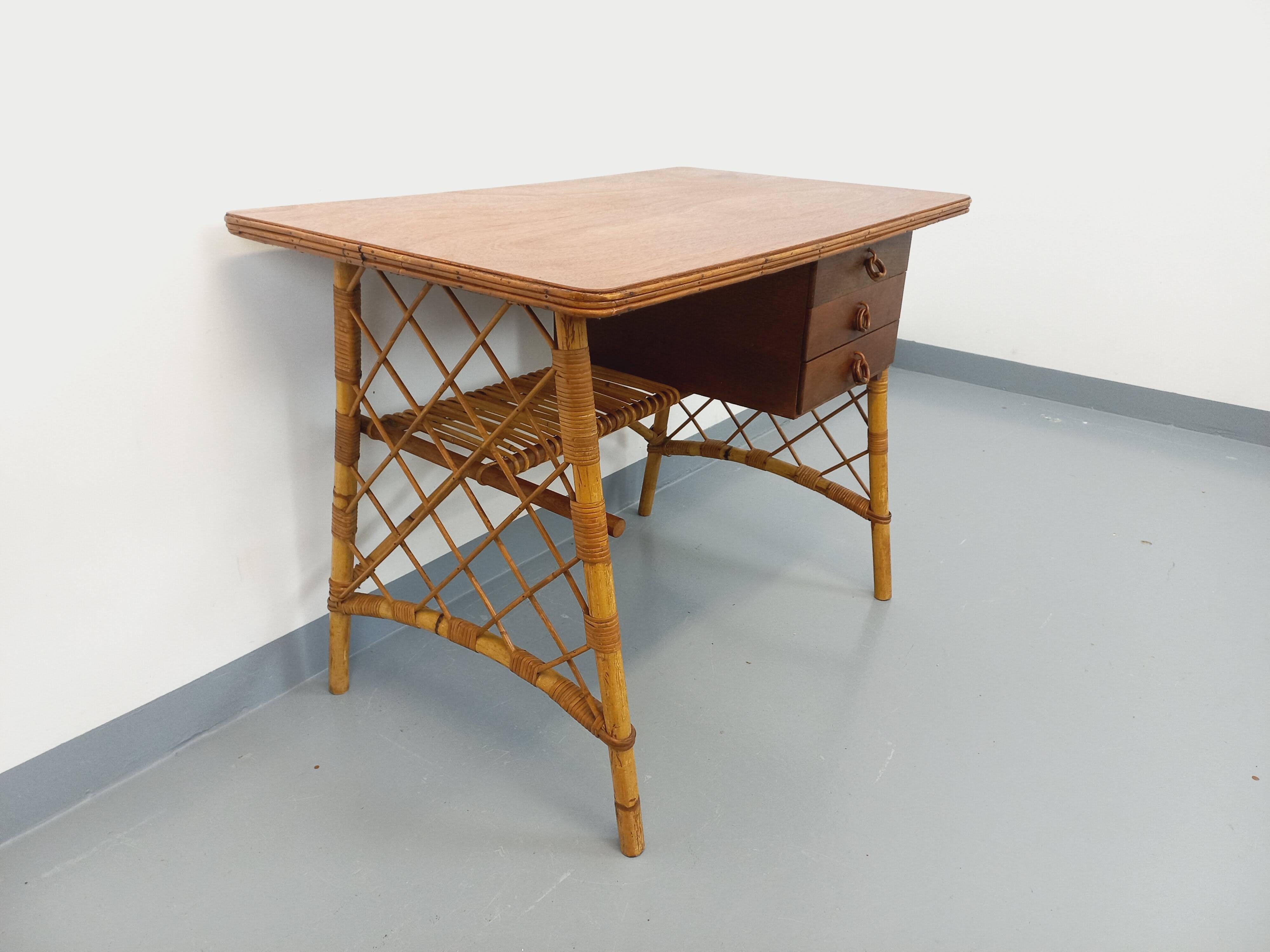 Vintage Louis Sognot desk in rattan and wood from the 1960s