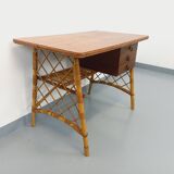 Vintage Louis Sognot desk in rattan and wood from the 1960s