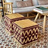 Pouf en rotin et osier bordeaux