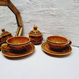 Paire tasses à déjeuner et sucrier faïence vernissée