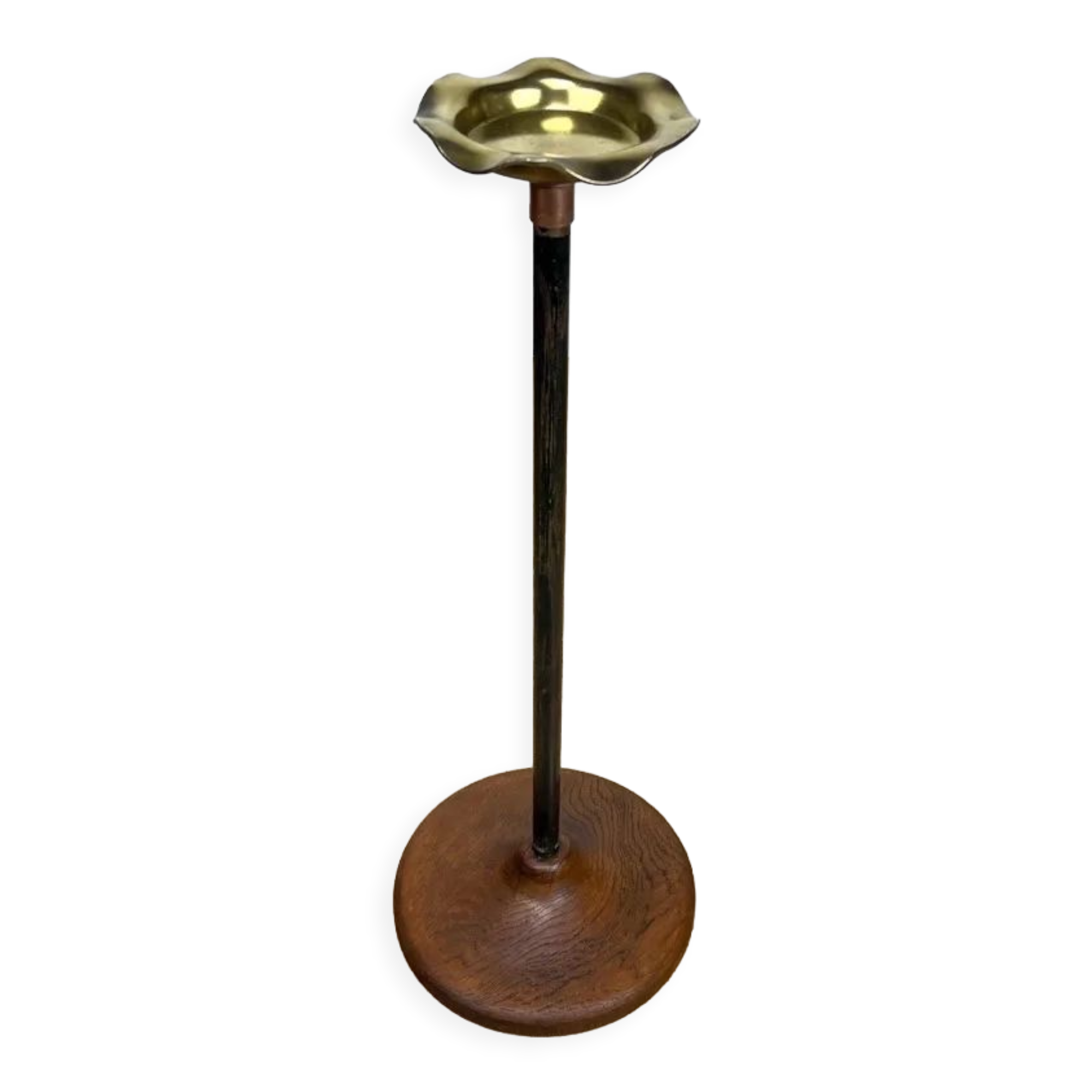 Brass ashtray on metal stand and wooden base