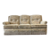 Vintage beige three-seater sofa with floral pattern and fringes.