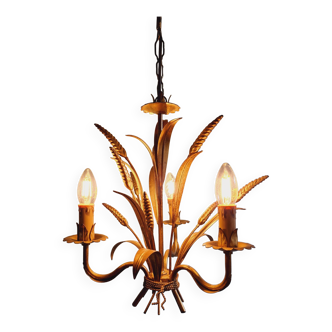 Ears of wheat chandelier in gold metal, Hollywood Regency style, 1970s