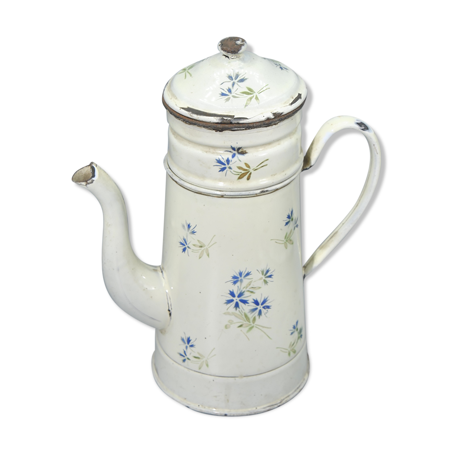 Enamelled tole coffee maker with blue flowers