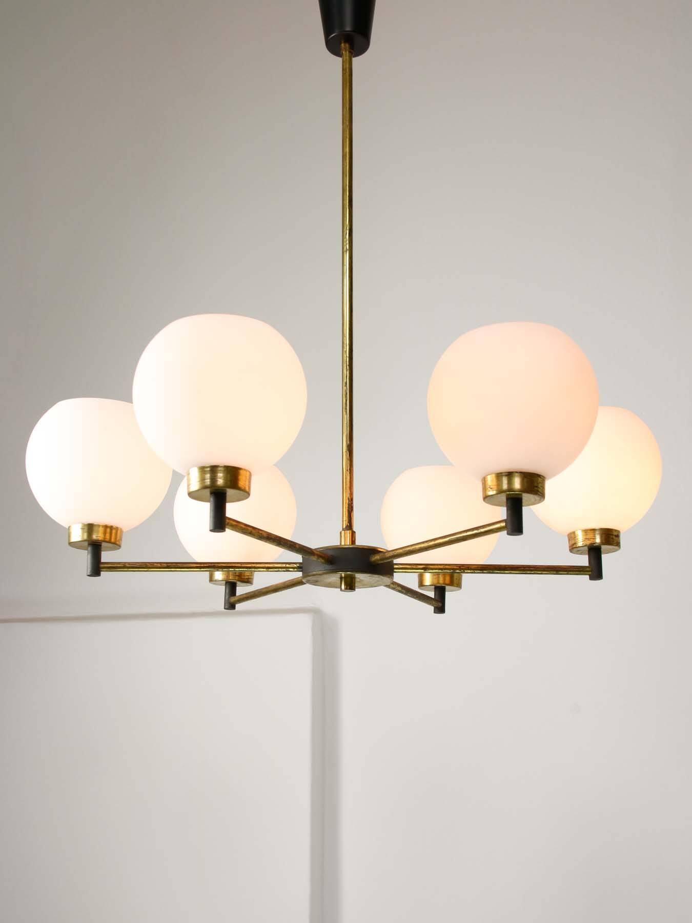 Mid-century Italian Brass and Opaline Chandelier