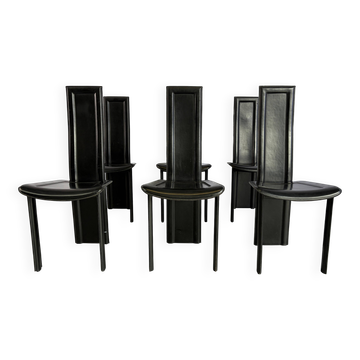 Vintage black leather dining chairs, set of 6, 1980s