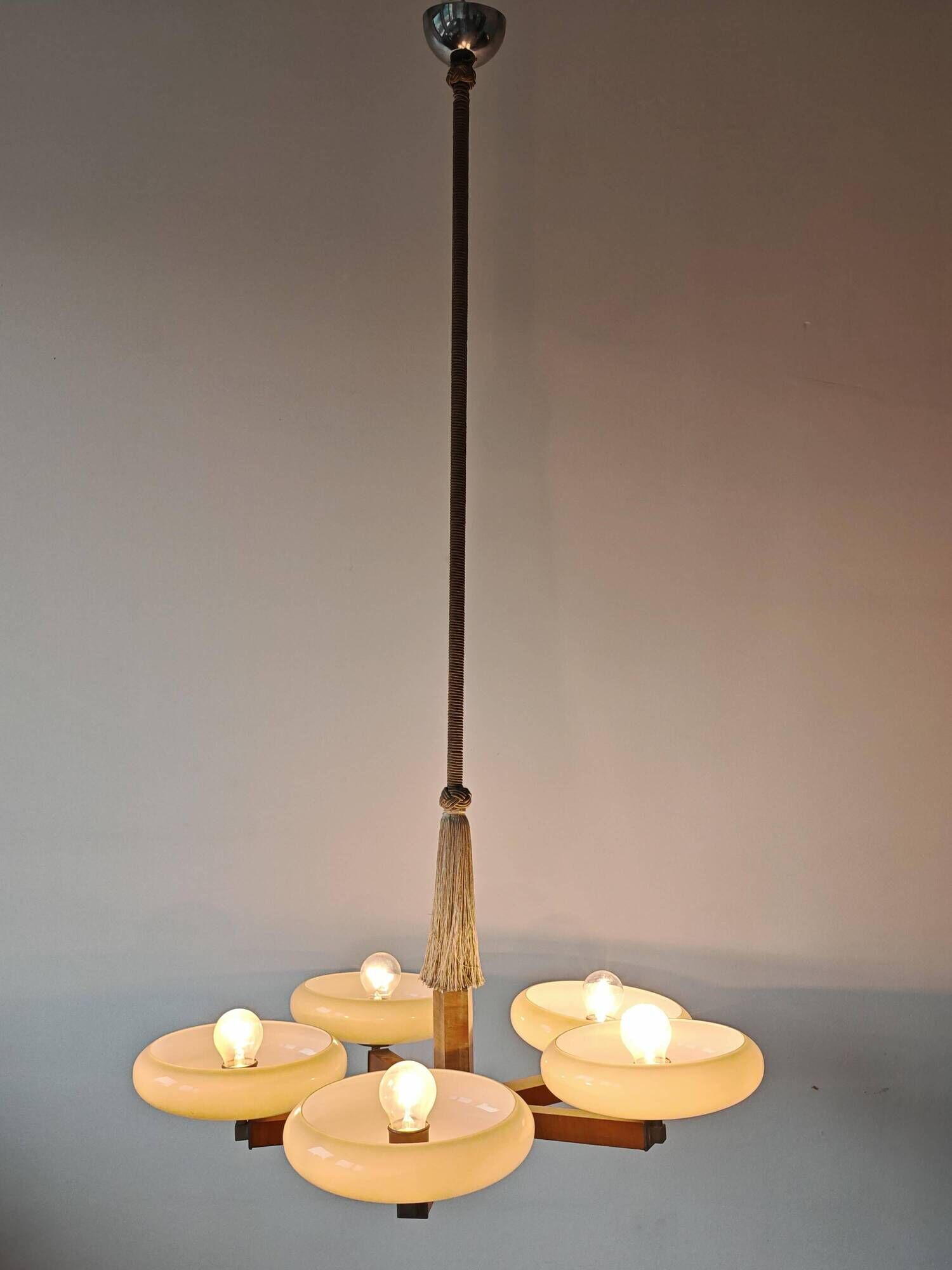Art Deco Chandelier with 5 Arms and Round Shades from the 1930s