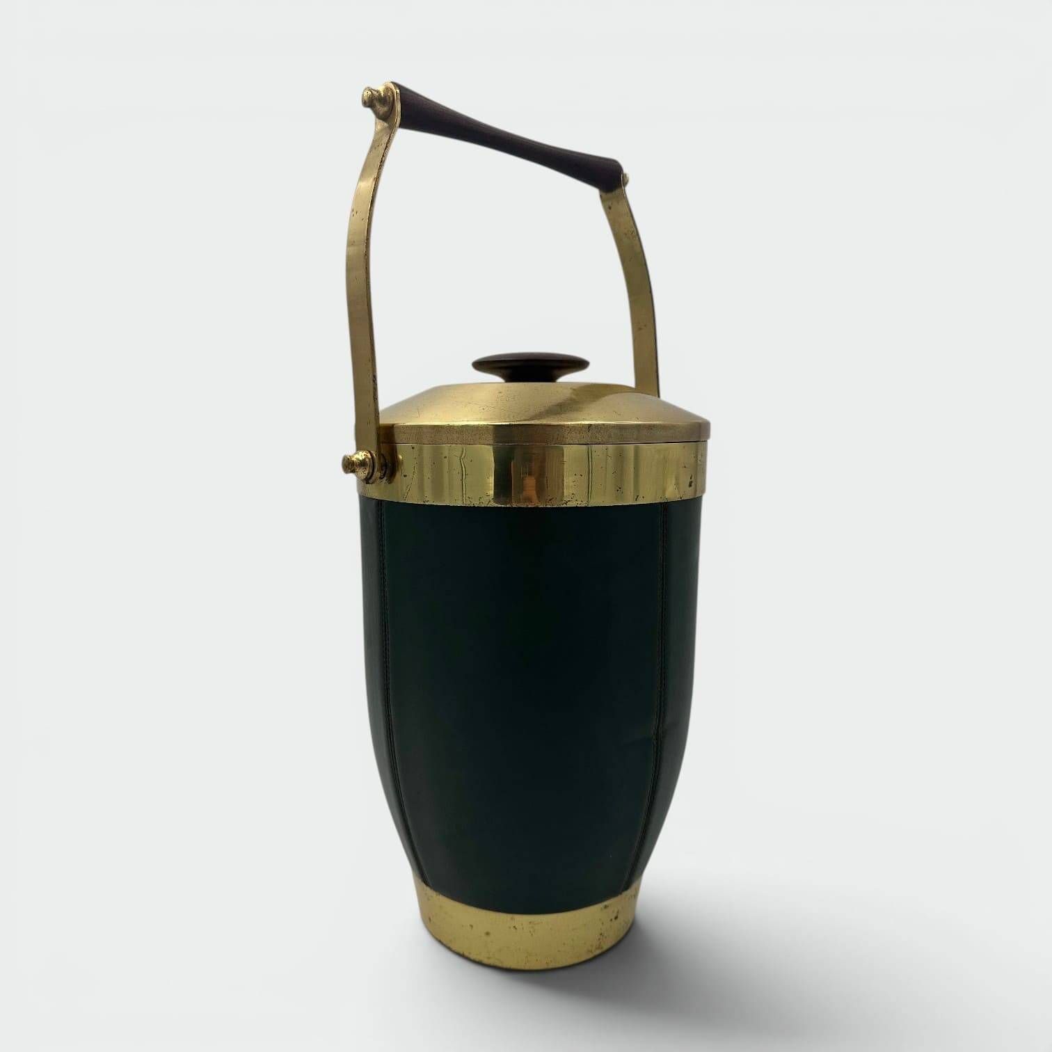 Green Leather and Brass Curved Handle Ice Bucket. Italian Work. V