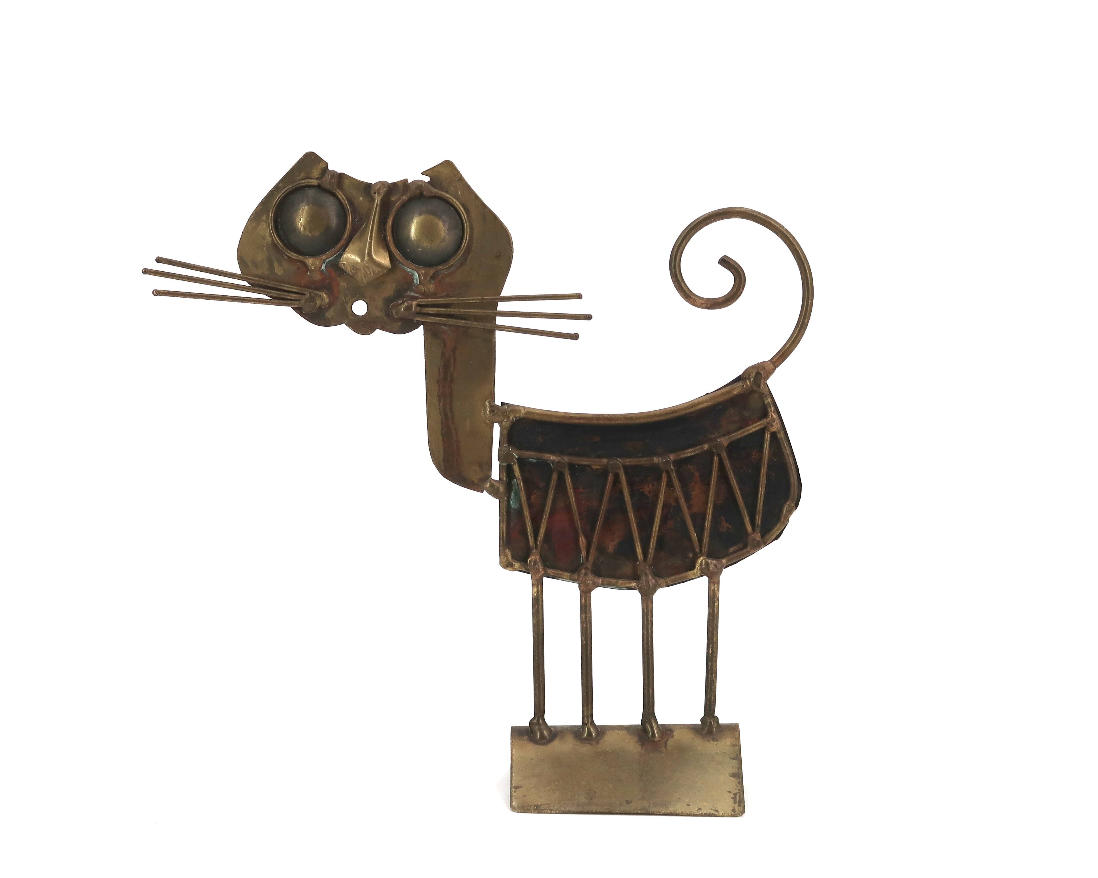 Brutalist sculpture of a cat in copper and brass by JARC, 1950s.