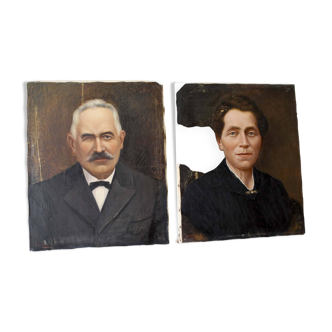 Pair of oils on canvas Portrait of a couple Édouard Créancier