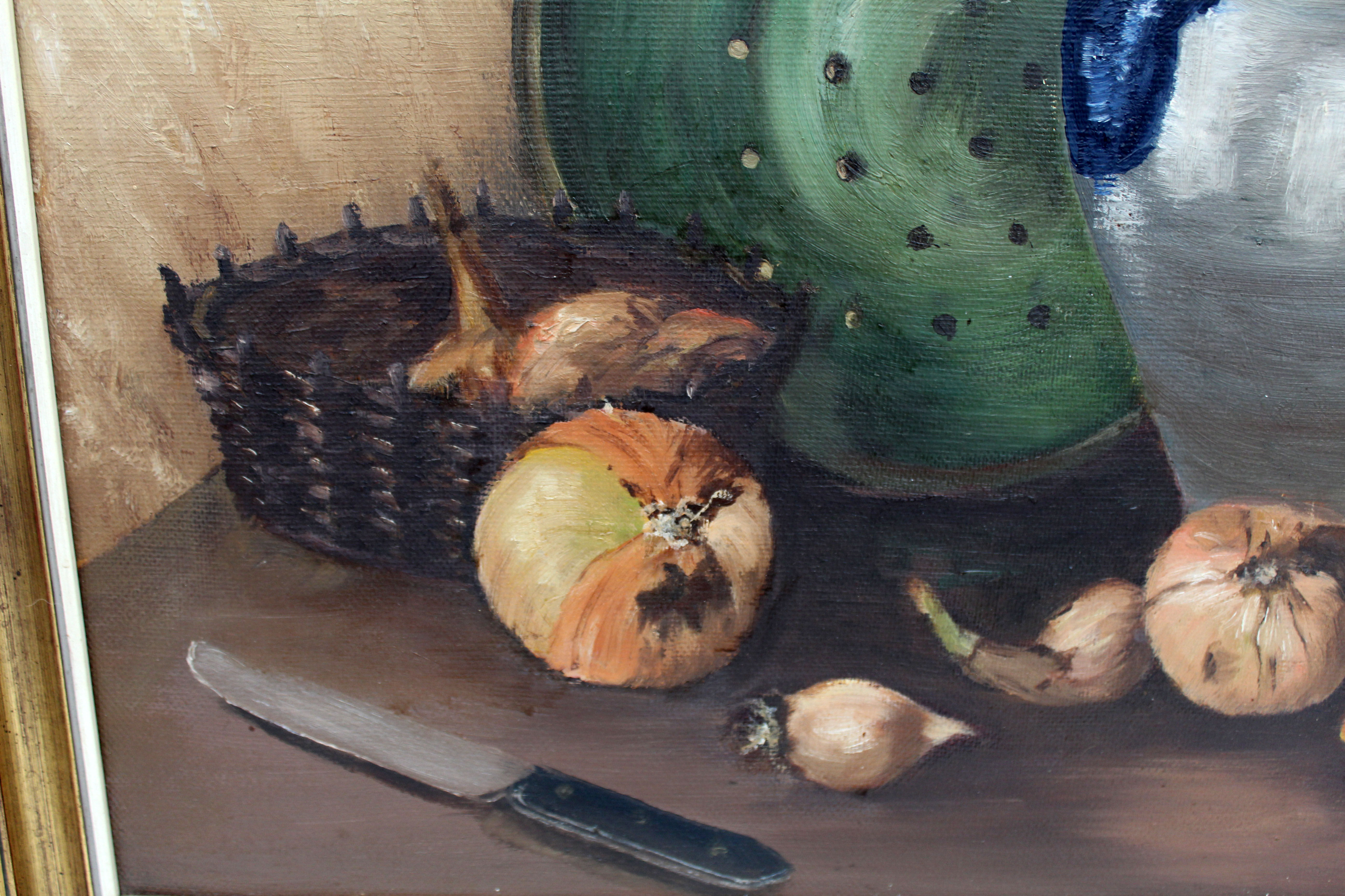 Vintage oil painting on canvas and gold gilded wood frame, still life