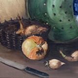 Vintage oil painting on canvas and gold gilded wood frame, still life