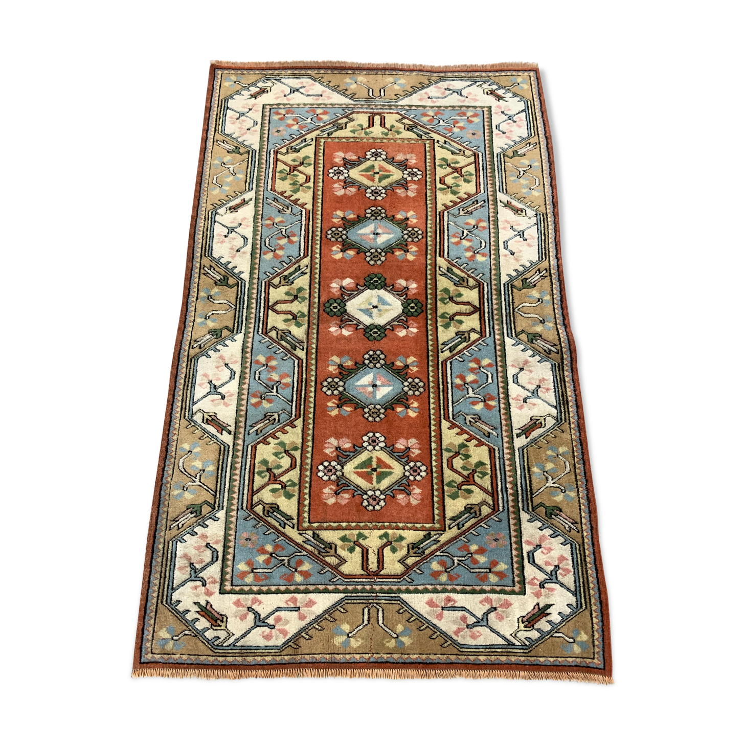Vieux tapis turc milas 198x120 cm vieux tapis vintage ushak région bleu beige rouille
