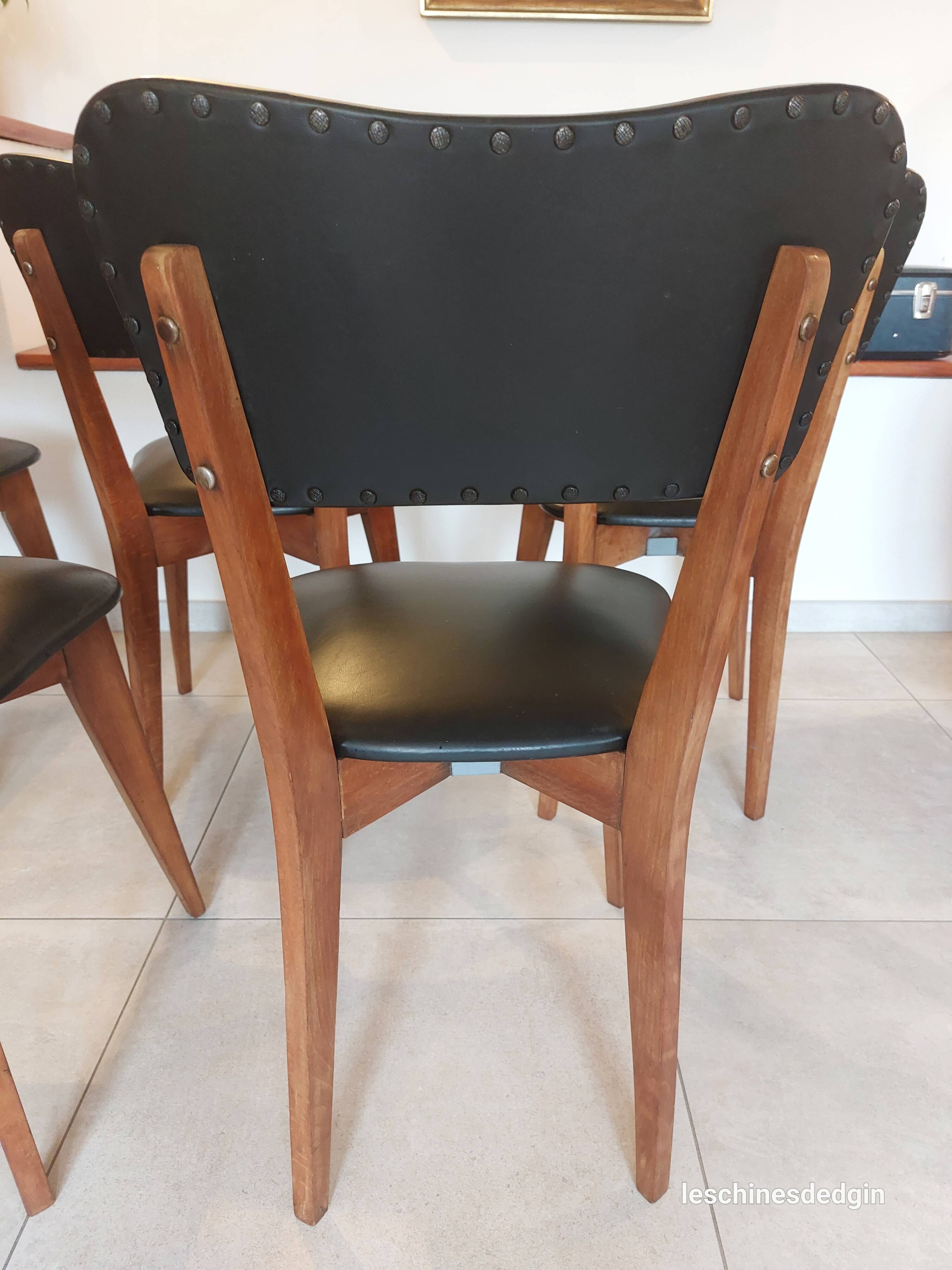 5 chairs in wood and black faux leather, Scandinavian style
