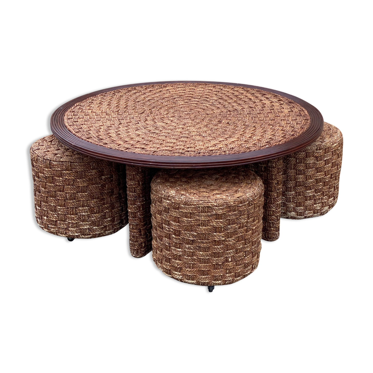 A coffee table and four rope stools 1960/1970