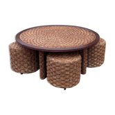 A coffee table and four rope stools 1960/1970
