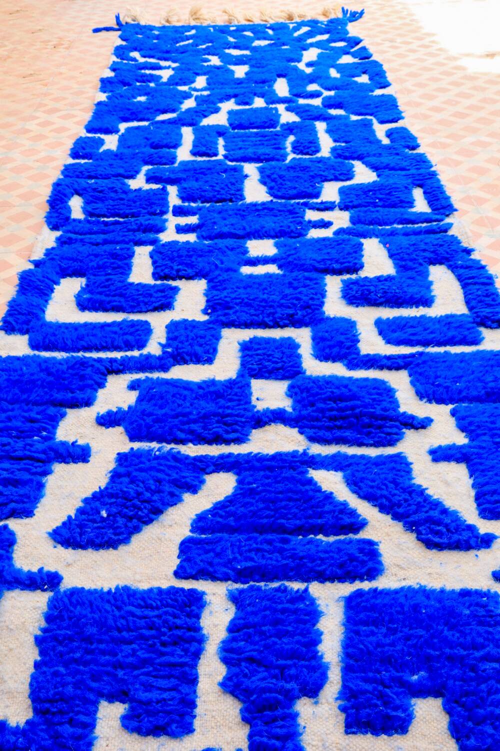 Moroccan Berber Klein blue hallway rug with reliefs