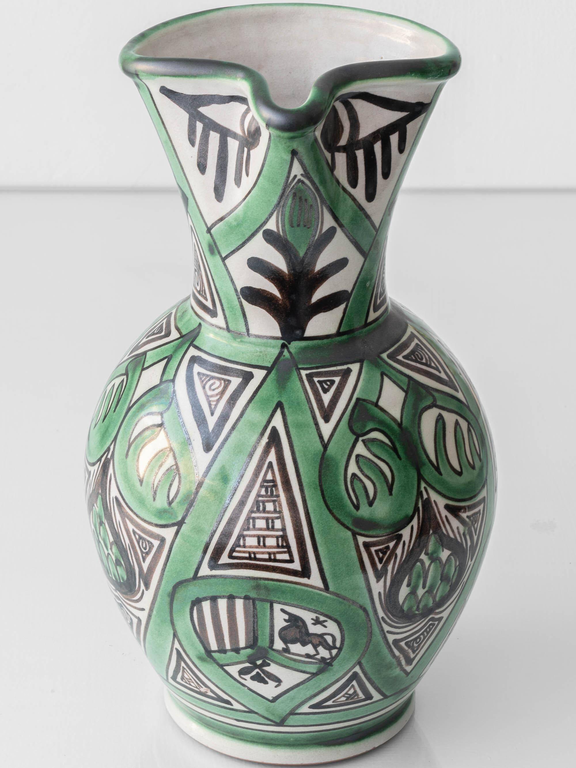 Spanish ceramic pitcher from the mid-century Mudéjar style in green and black, Punter.