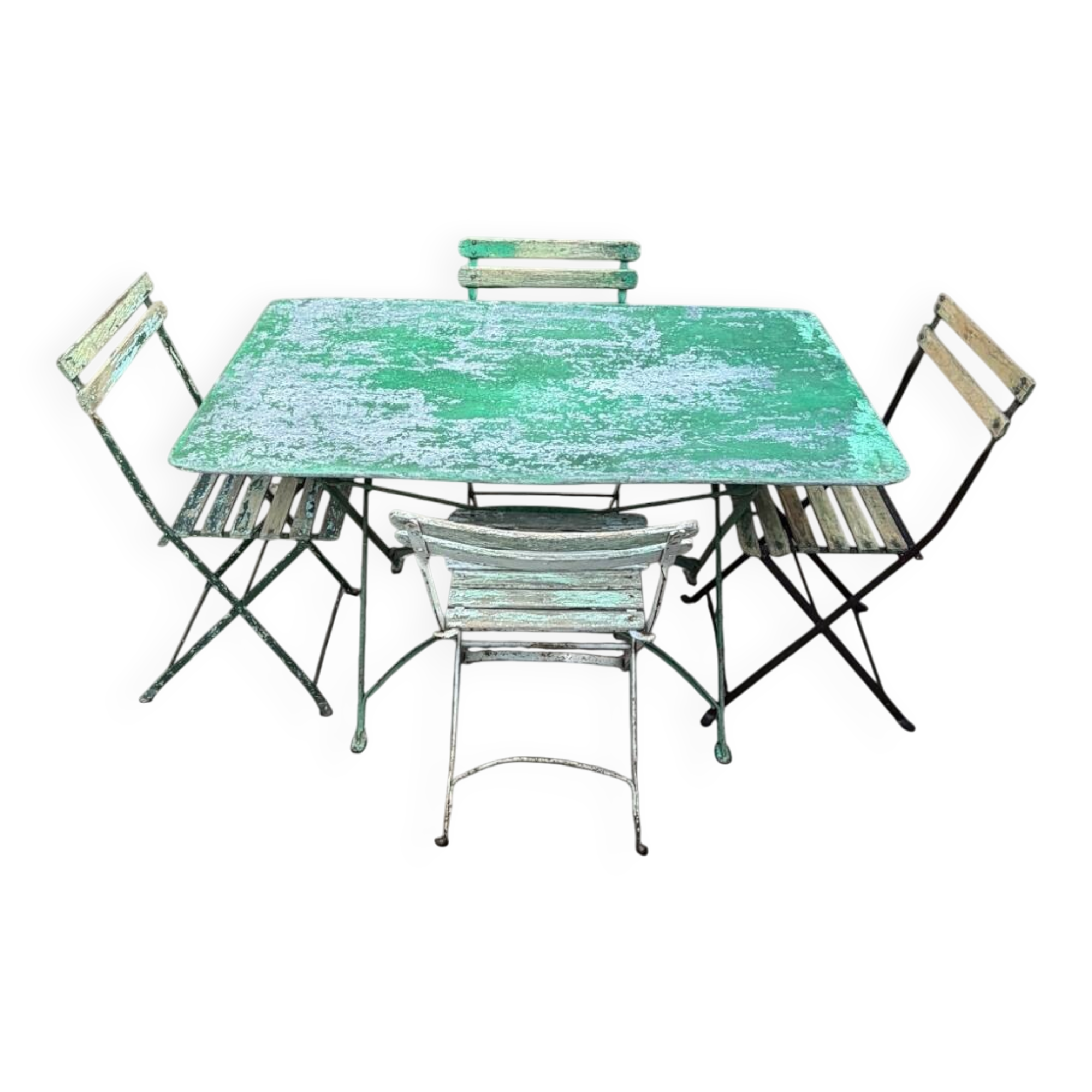 Bistro tables and folding chairs with a patina from the original 1930s.