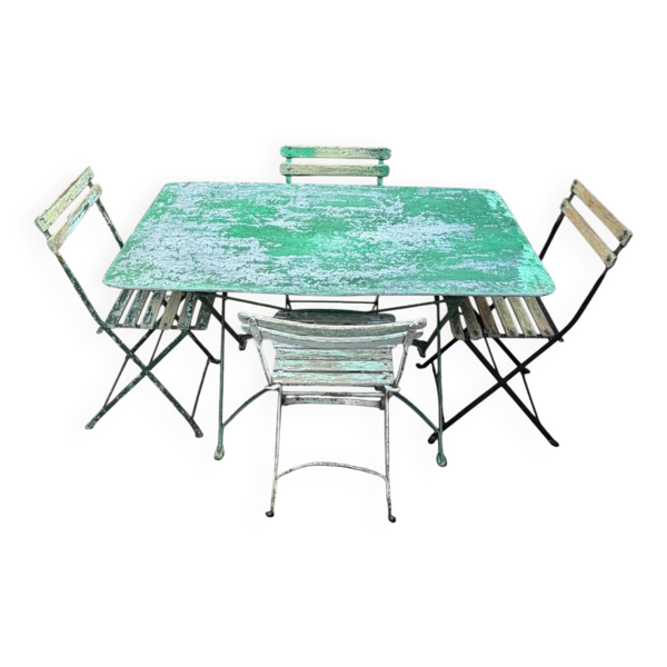 Table et chaises bistrots guinguettes pliantes patine d’origine 1930