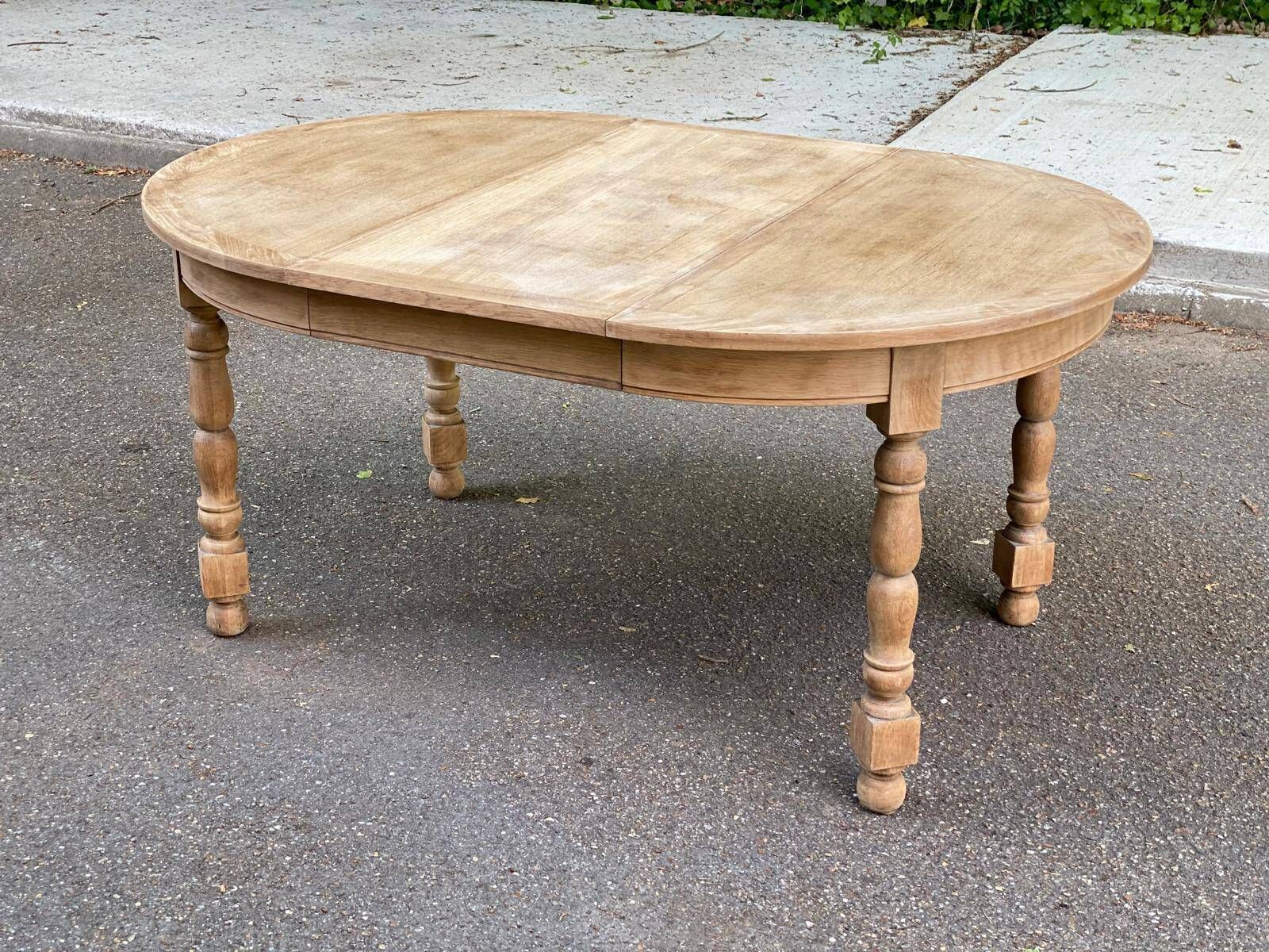 Extendable round farmhouse dining table renovated in raw oak 160cm 20th century