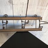 Porte-manteau mural antique en bois et fer marron, vers 1900, crochets pliants