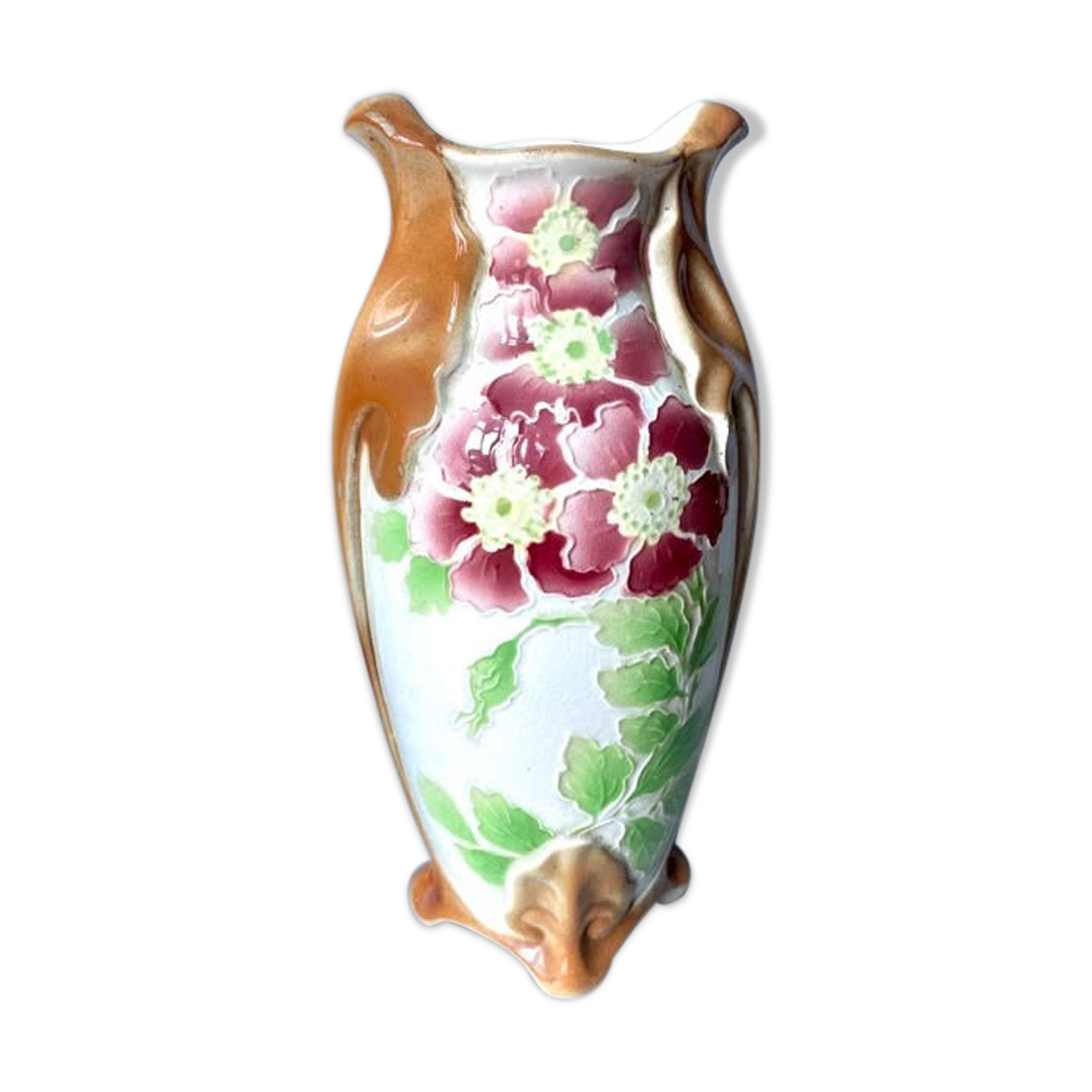 Saint-clément art nouveau vase signed ck in barbotine with decor de fleurs bordeaux