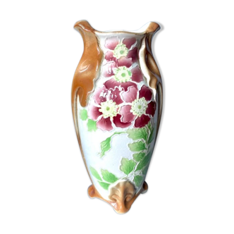 Saint-clément art nouveau vase signed ck in barbotine with decor de fleurs bordeaux