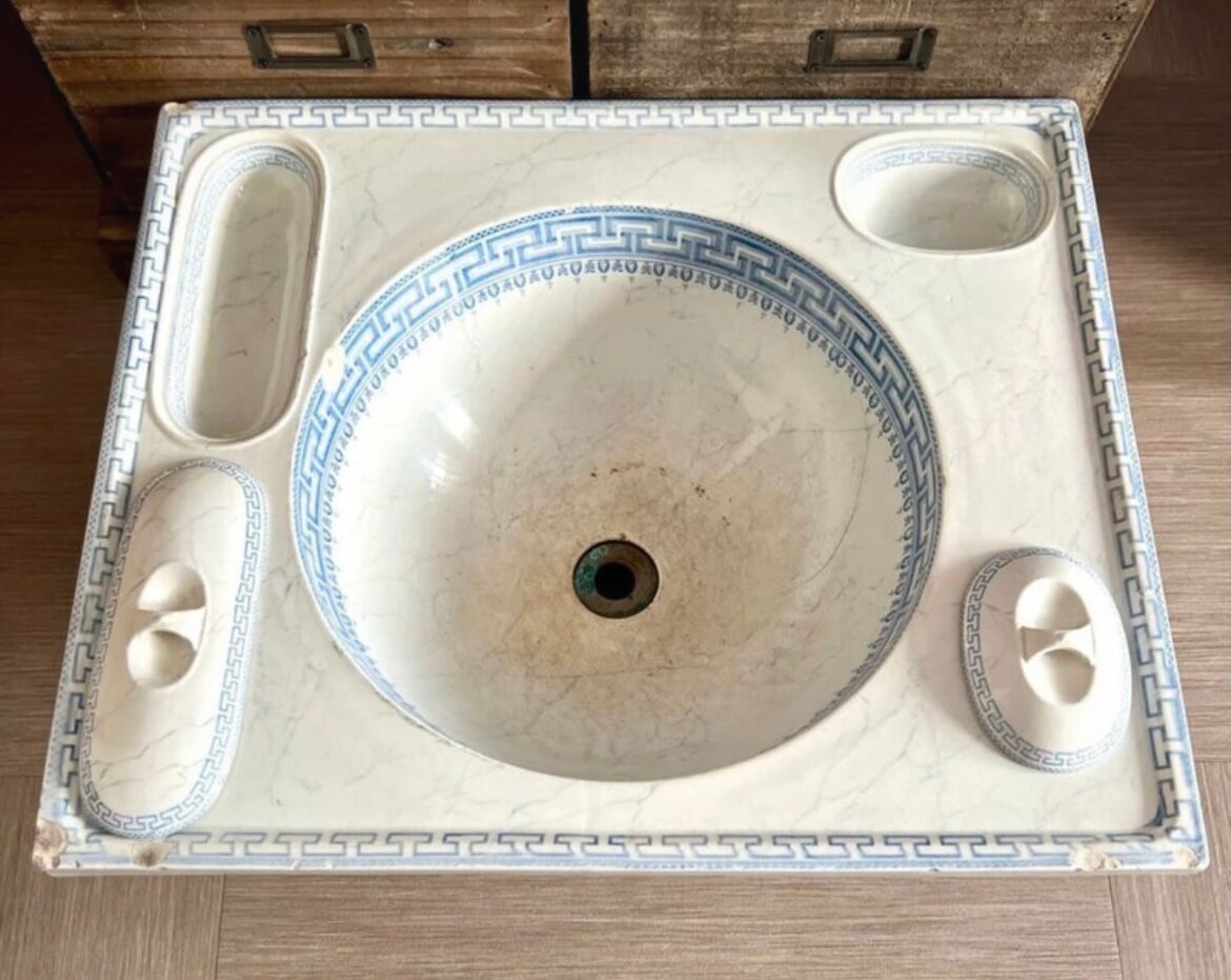 Vintage Blue Decorated Porcelain Washbasin