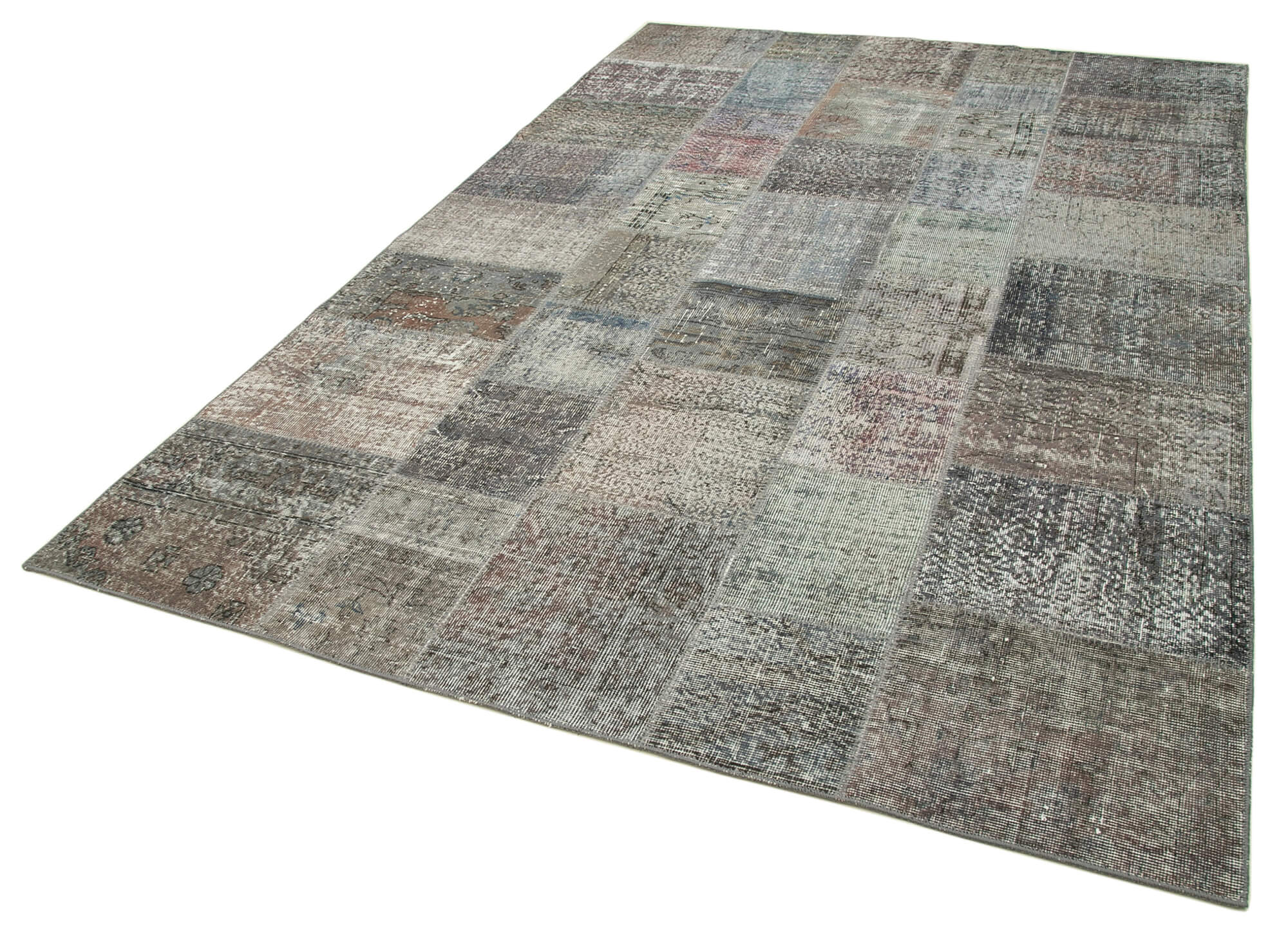 Hand-knotted oriental vintage 199 cm x 301 cm grey patchwork carpet