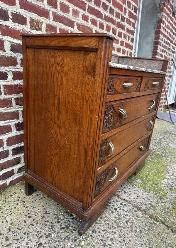 Commode Art Déco, plateau marbre, chêne massif, coiffeuse