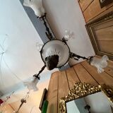 19th century brass and bronze chandelier, Napoleon III, illuminated by 6 tulips and a central globe