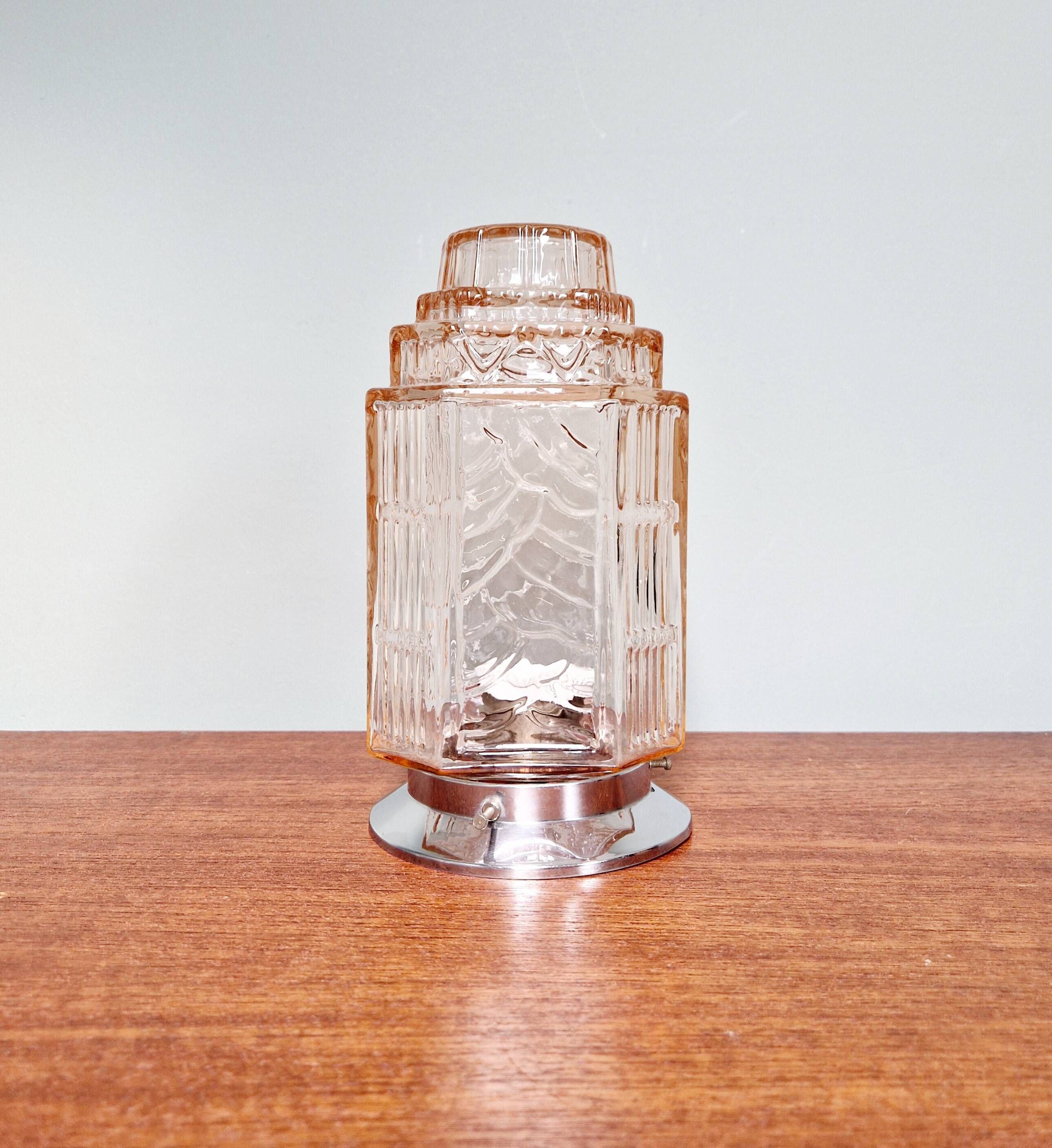 Art Deco Skyscraper Ceiling Light in Clear Pink Glass, 1920s-30s
