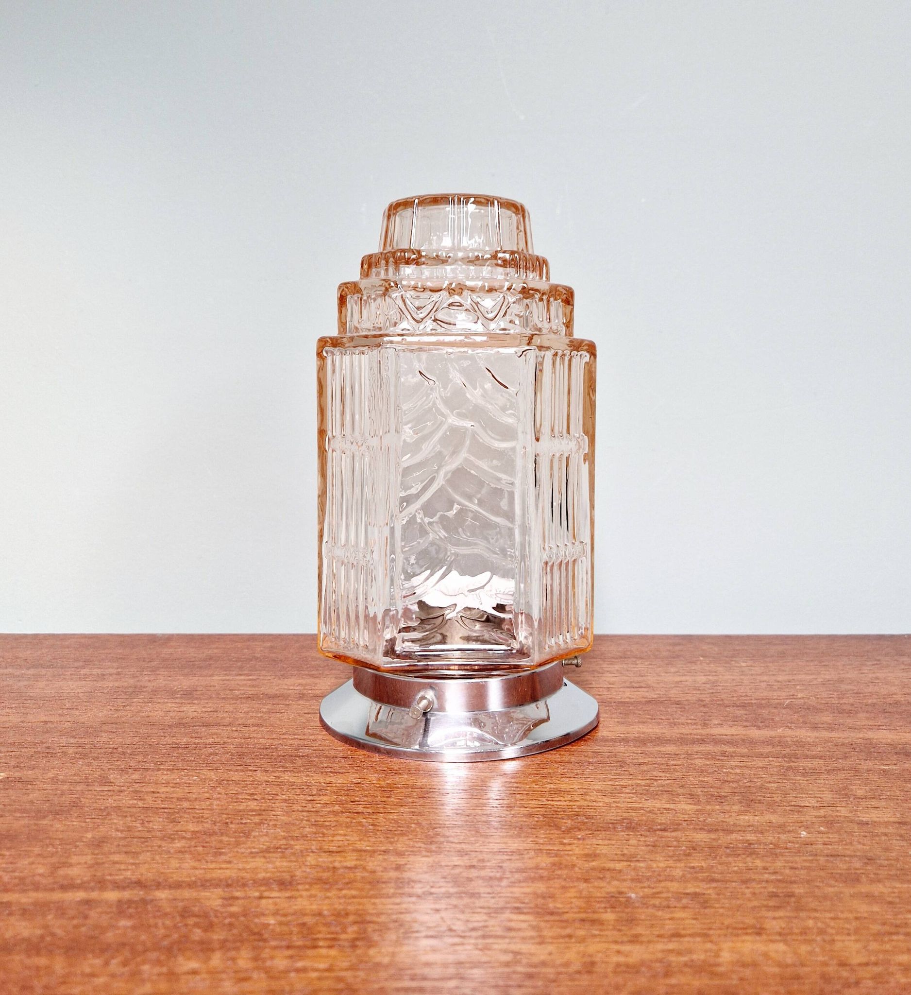Plafonnier Art Déco Skyscraper en verre transparent rose, années 1920-30