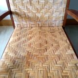 Pair of Art Deco woven rattan armchairs and table