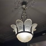 Art Deco Chandelier Sandblasted Pressed Glass, Nickel-plated Bronze 1930