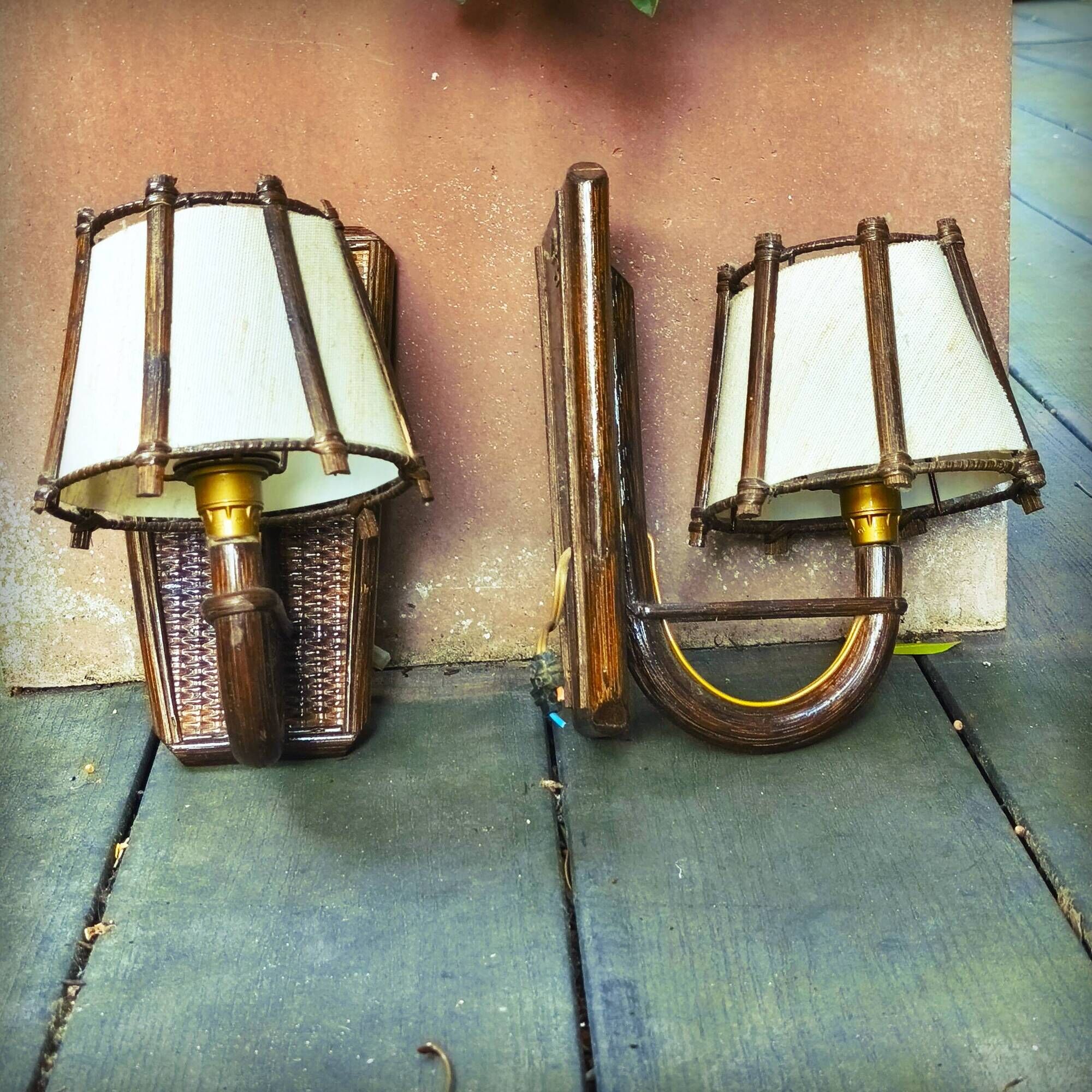 Suspension light and its 2 rattan wall lights by Louis Sognot, 1950s