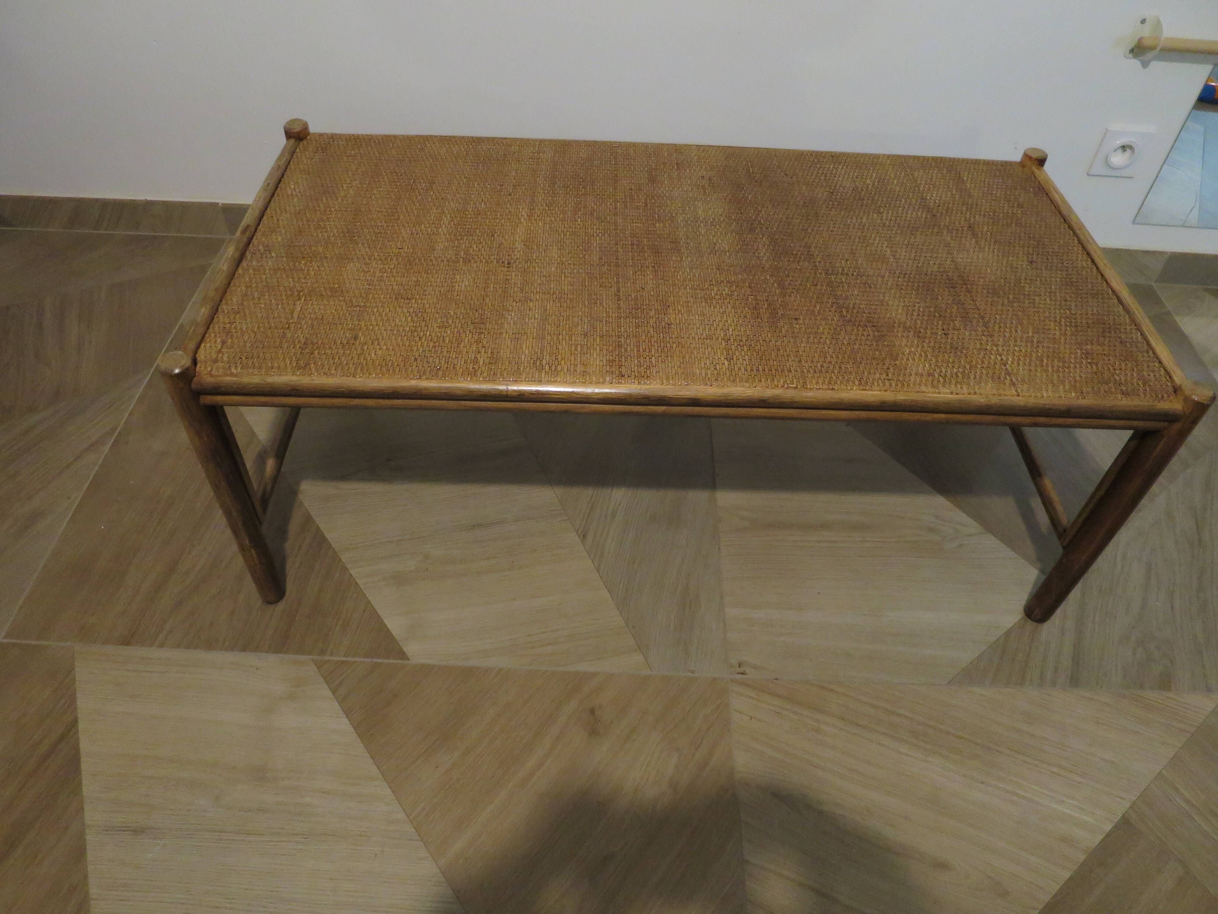 Vintage nesting coffee tables - wood and woven rattan - natural color - 60s