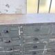 Patinated blue workshop furniture with XL drawers in oak and beech.