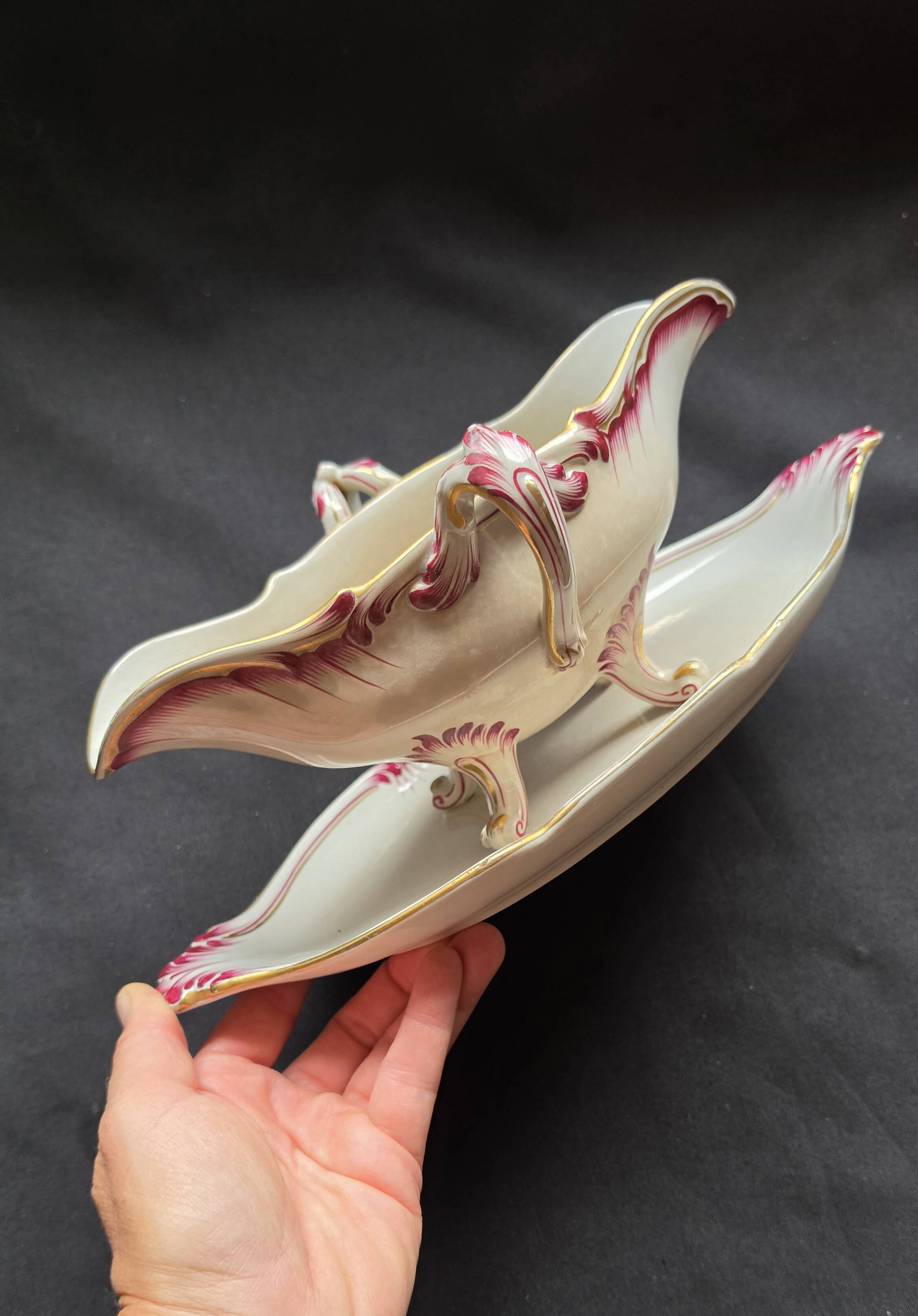 Antique sauce boat in fine earthenware from Sarreguemines, France, neo style.