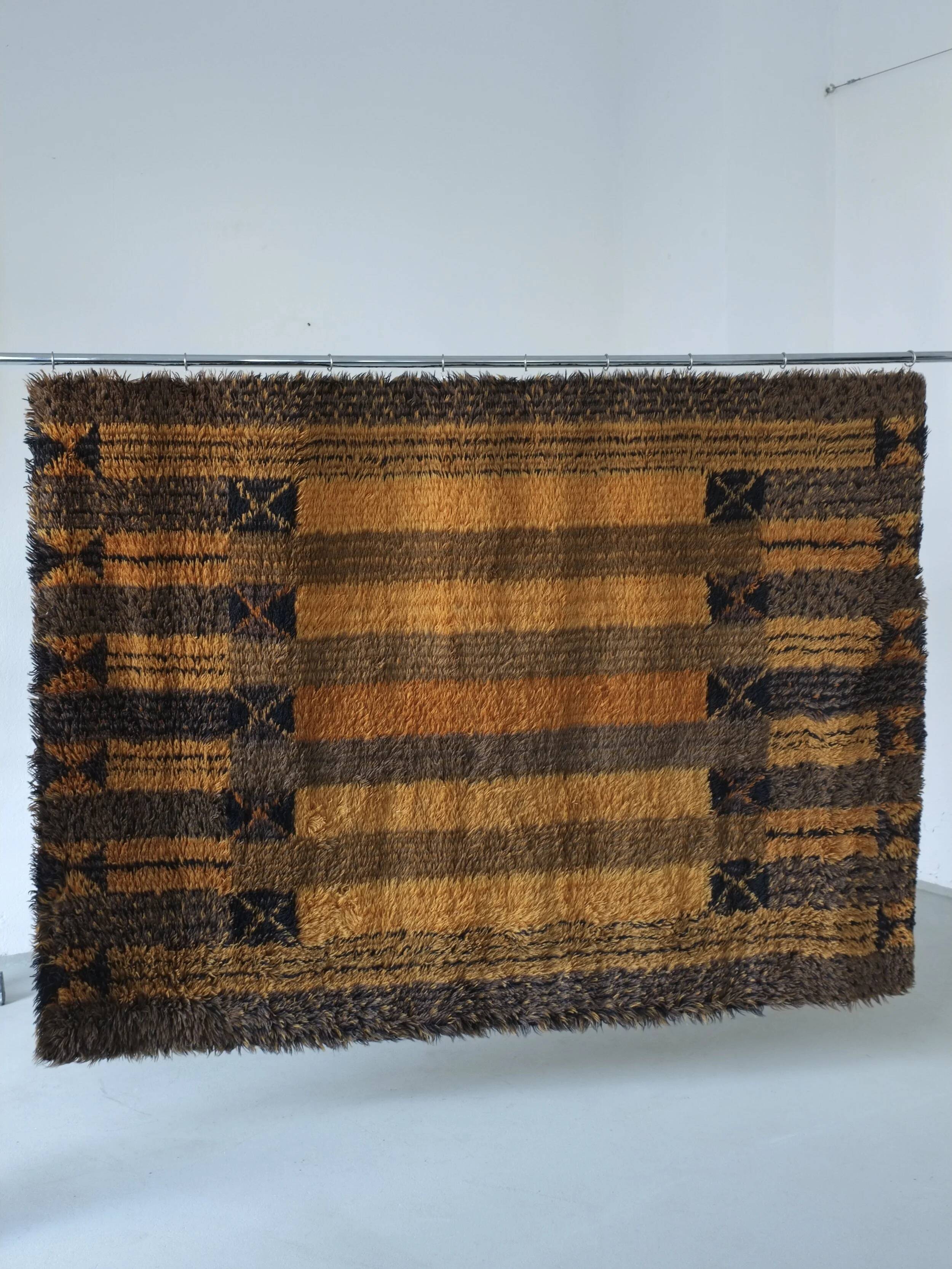 Large Scandinavian brown wool rya rug | Sweden | 1960s
