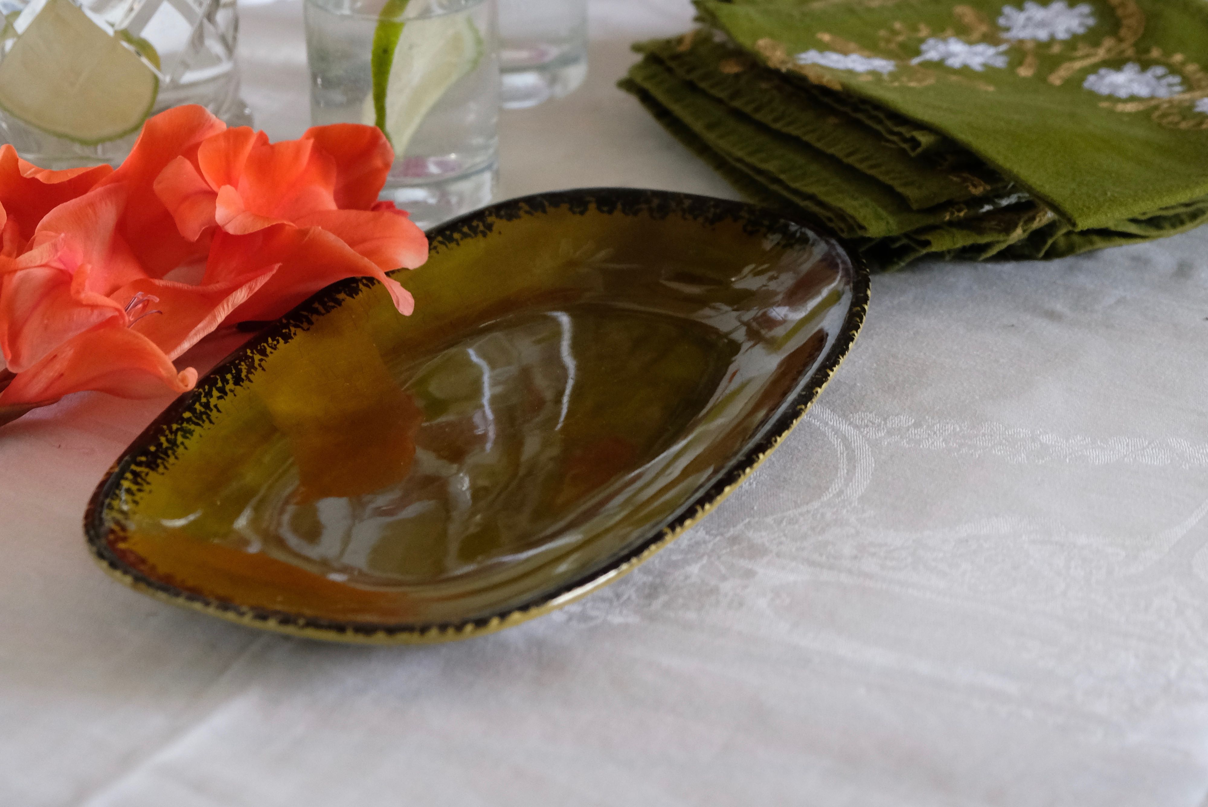 Old olive green oval serving dish Gien France