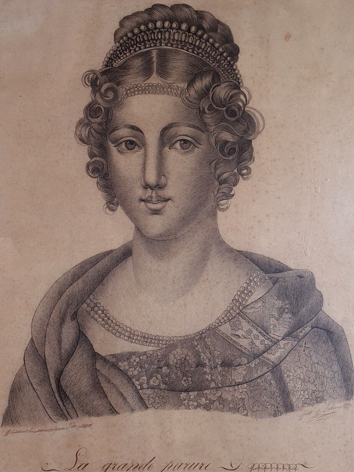 Portrait of a young woman The large ornament drawing signed circa 1800-1830 57x46 cm SB