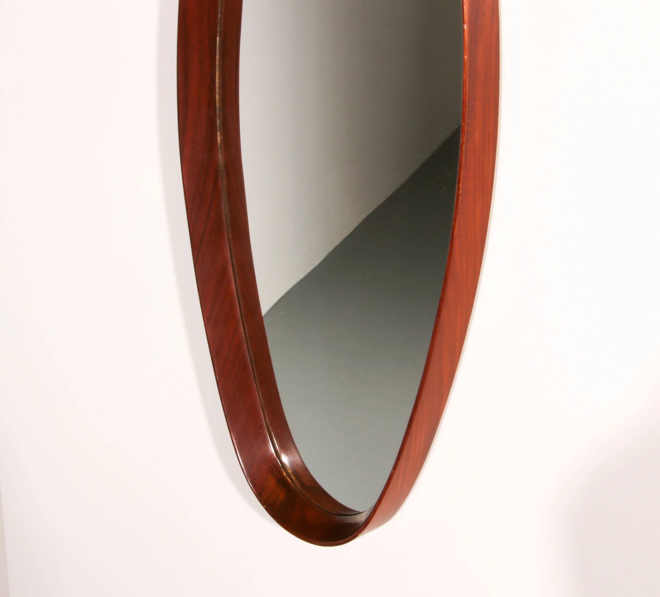 Mid-century Italian oval mirror in curved teak, rope and leather, 1960s