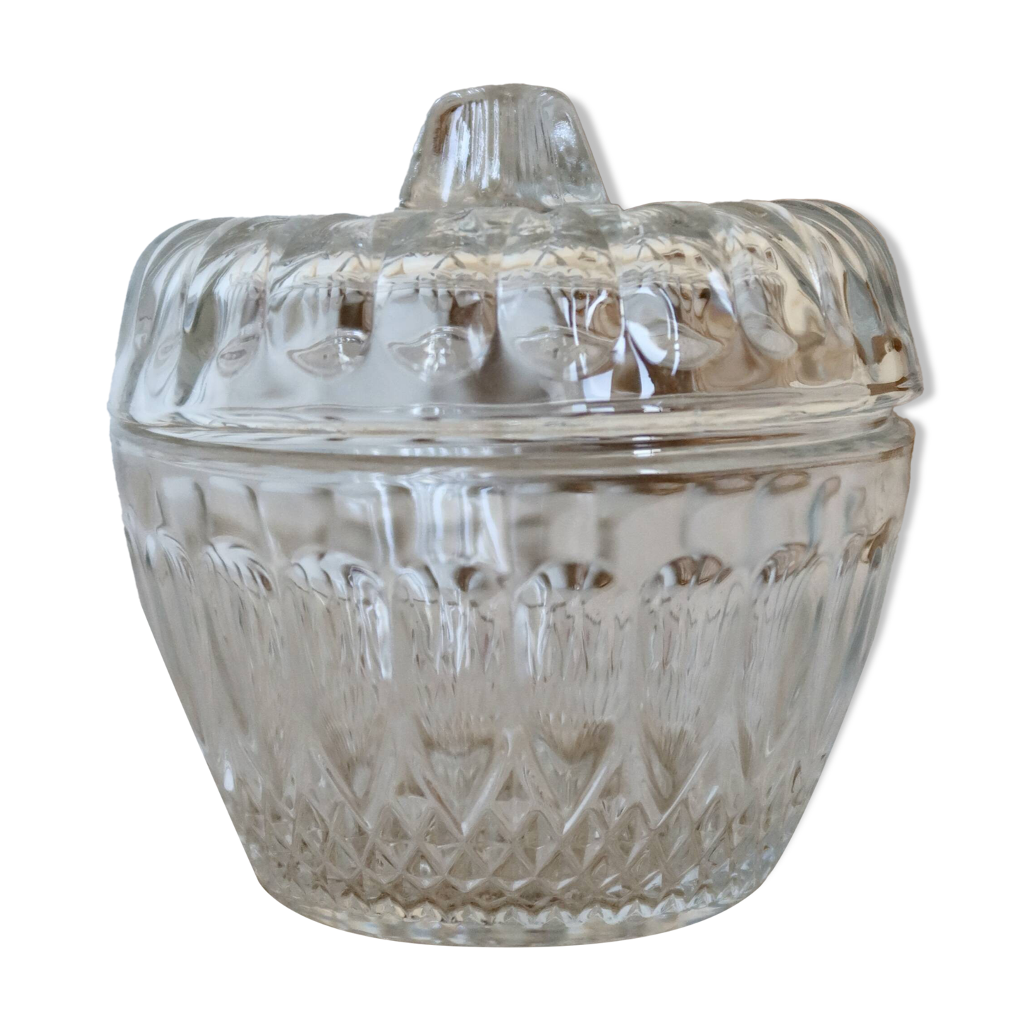 Small vintage molded glass candy or sugar bowl with hat
