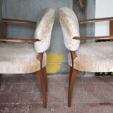 Pair of bridge chairs in wood and powder pink satin-effect fabric, Art Deco style