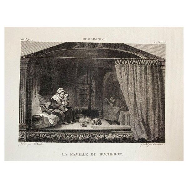 Rembrandt, La famille du bûcheron, gravure par J. Oortman, XIXème siècle