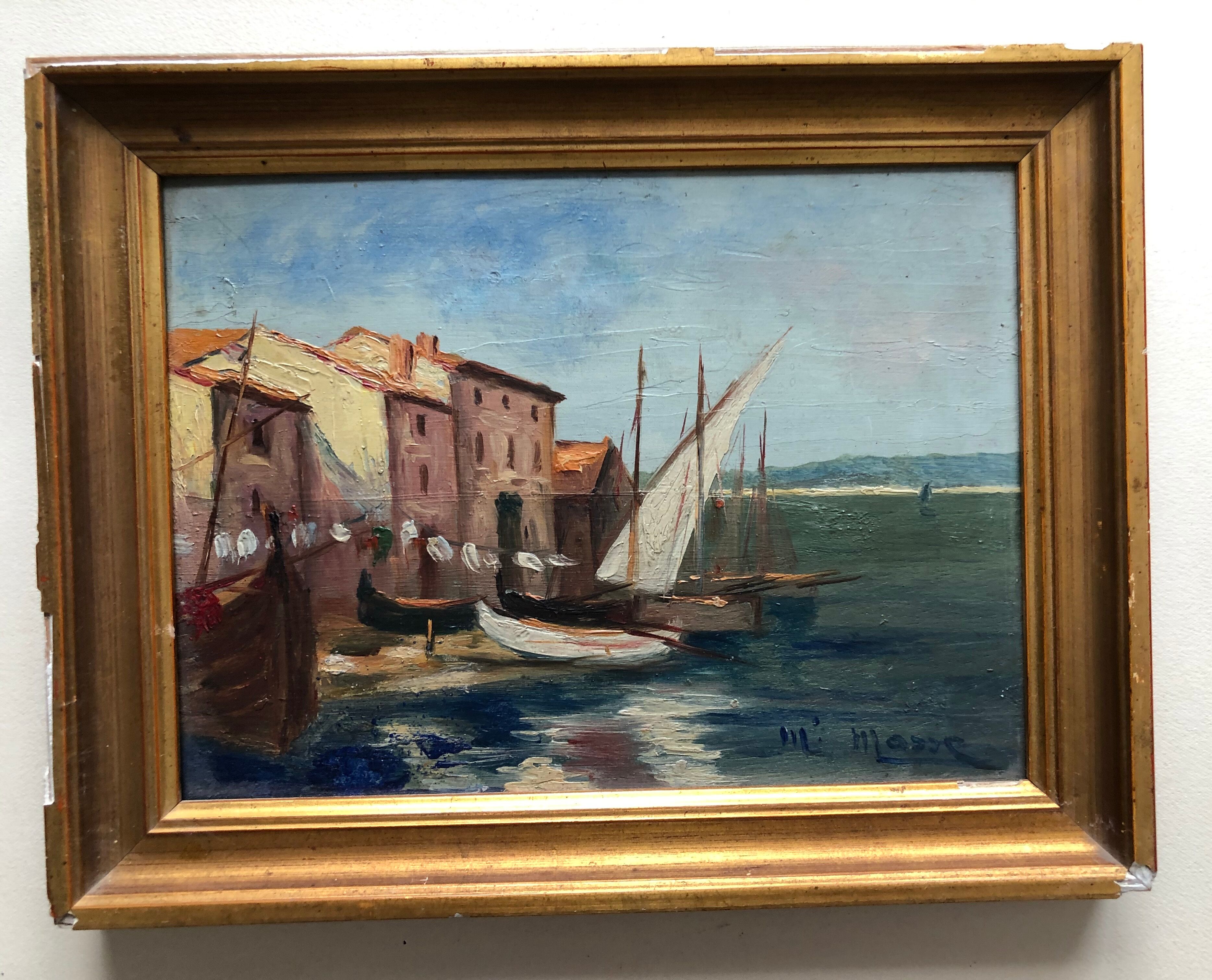 Oil on panel: sailboats at the port