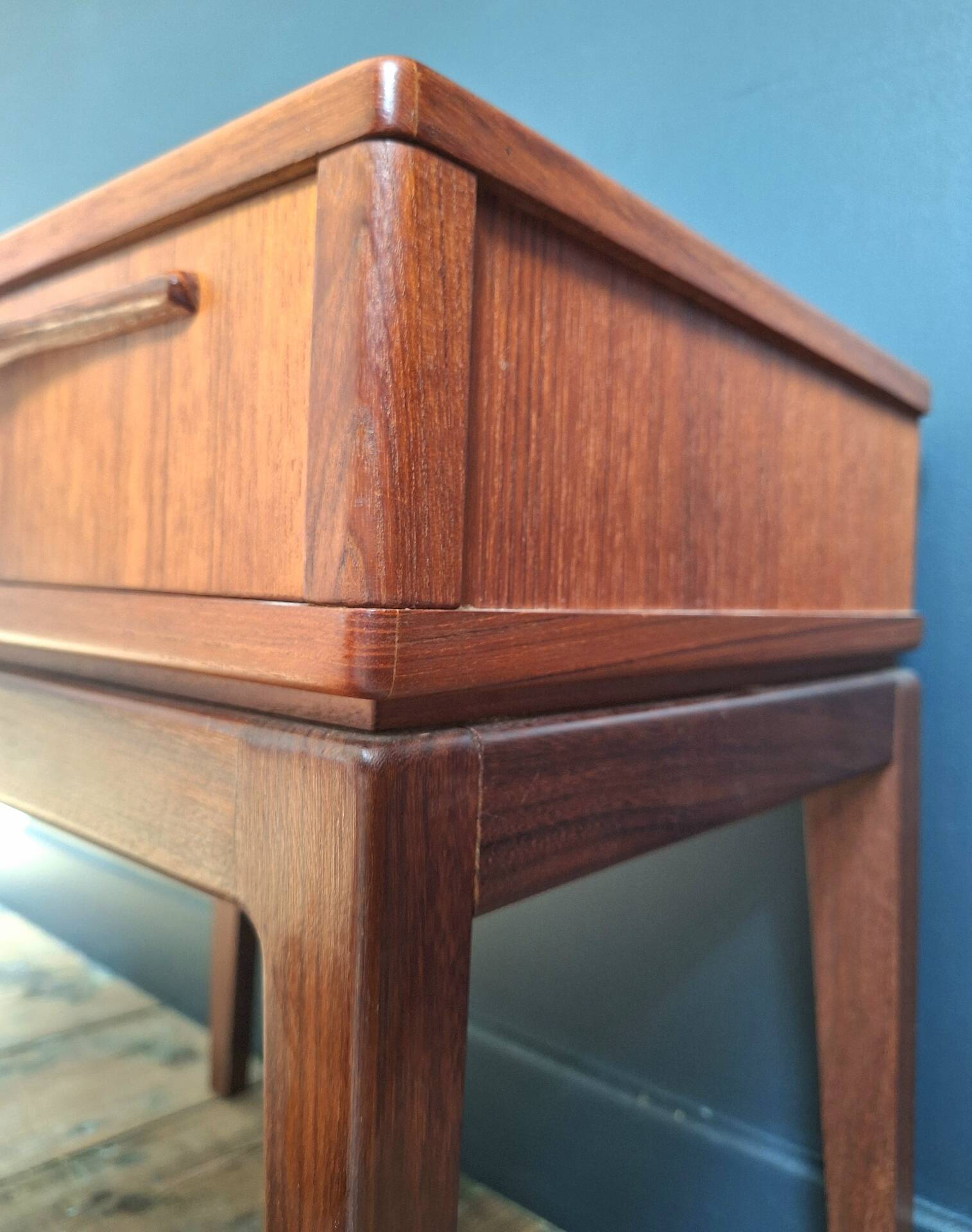 Vintage teak bedside table, Scandinavian design nightstand, accent furniture.